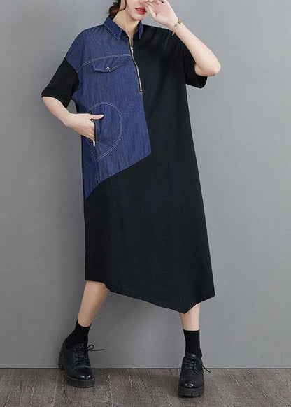 Blue Patchwork Zippered Maxi Summer Cotton Dress