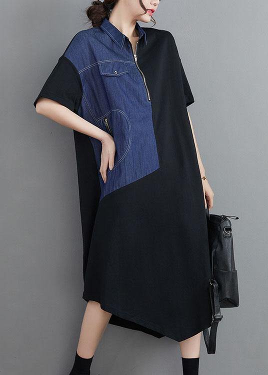 Blue Patchwork Zippered Maxi Summer Cotton Dress