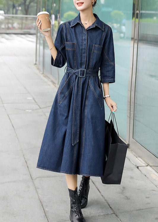 Blue Peter Pan Collar Patchwork Sashes Long Denim Dresses Fall