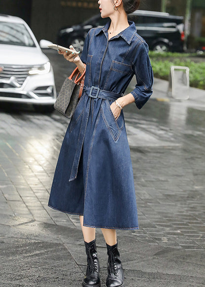 Blue Peter Pan Collar Patchwork Sashes Long Denim Dresses Fall