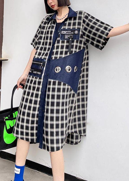 Blue Plaid Patchwork Peter Pan Collar Summer Cotton Dress