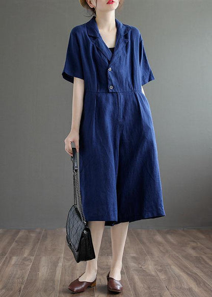 Blue Pockets Button Vacation Summer Linen Dress