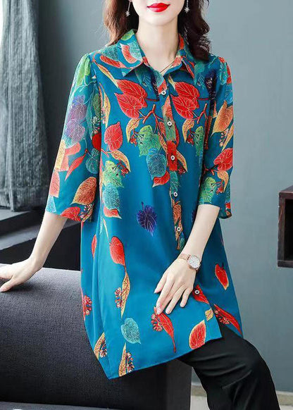 Blue Print Button Patchwork Chiffon Shirts Tops Bracelet Sleeve