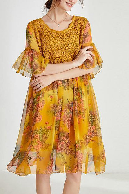 Blue Print Chiffon Patchwork Summer Dresses