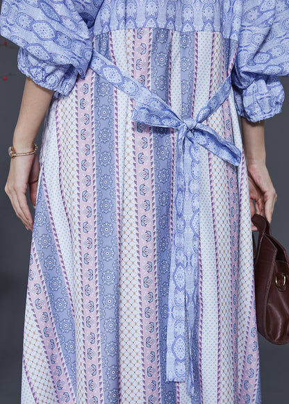 Blue Print Patchwork Chiffon Dresses Summer