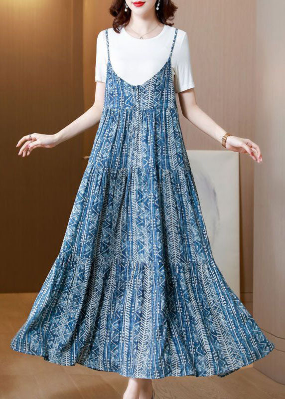 Blue Print Patchwork Exra Large Hem Cotton Spaghetti Strap Dress Two Piece Set Summer