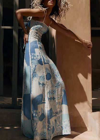 Blue Print Patchwork Long Spaghetti Strap Dress Summer