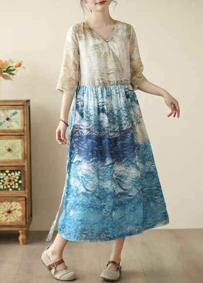 Blue Print Patchwork Tunic Dresses Summer