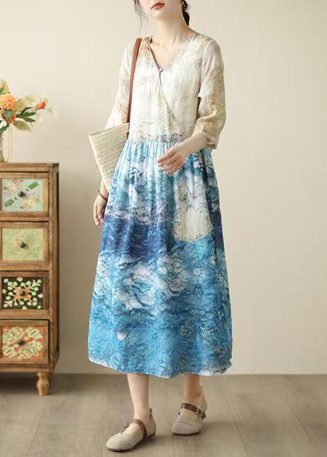 Blue Print Patchwork Tunic Dresses Summer