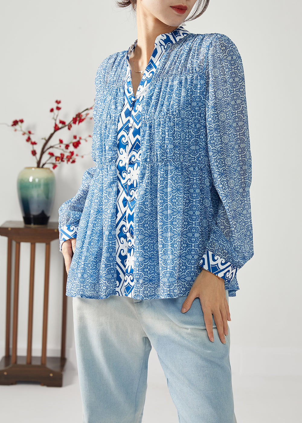 Blue Print Patchwork Wrinkled Chiffon Blouses Spring