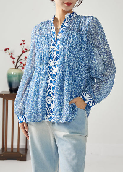 Blue Print Patchwork Wrinkled Chiffon Blouses Spring