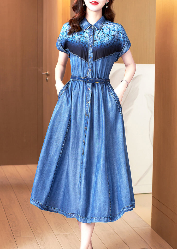Blue Print Pockets Patchwork Denim Dress Summer