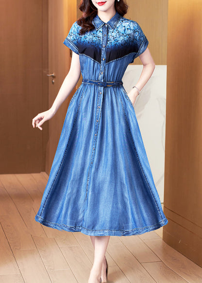 Blue Print Pockets Patchwork Denim Dress Summer