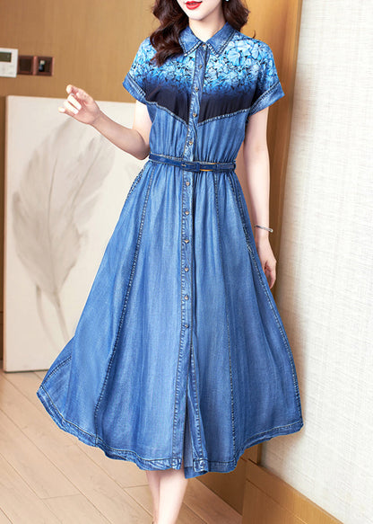 Blue Print Pockets Patchwork Denim Dress Summer