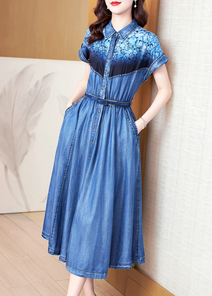 Blue Print Pockets Patchwork Denim Dress Summer