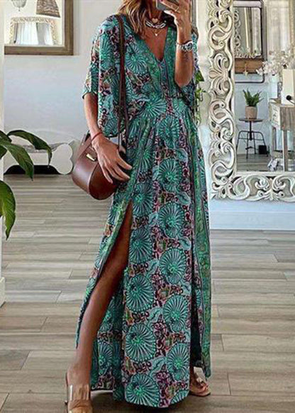 Blue Print Side Open Cotton Beach Dress Summer