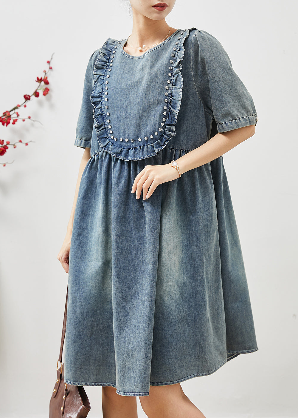 Blue Ruffled Nail Bead Denim Dresses Summer