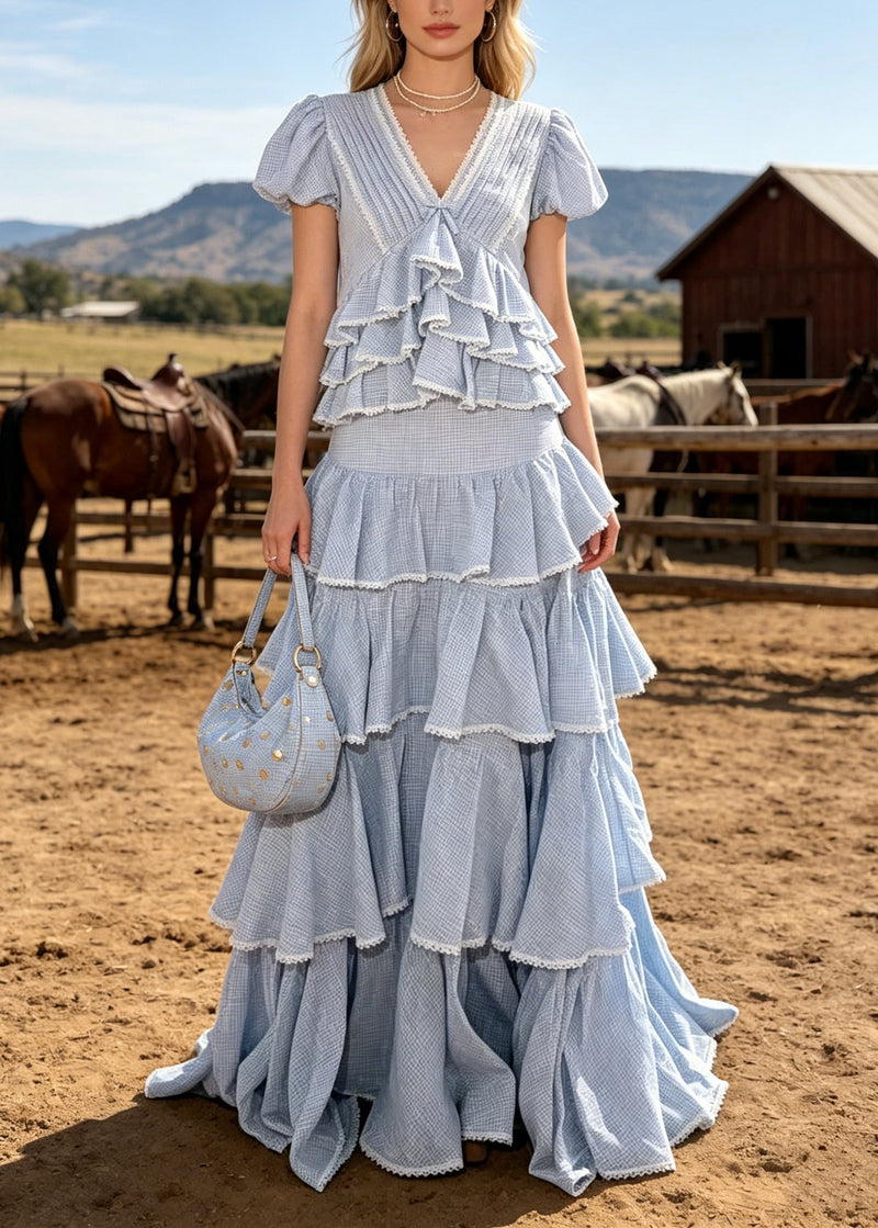Blue Ruffled Plaid Cotton Two Pieces Set Summer