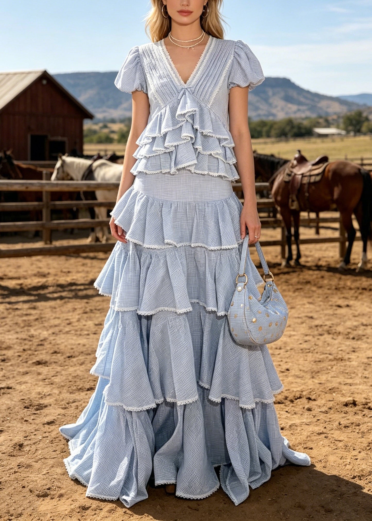 Blue Ruffled Plaid Cotton Two Pieces Set Summer