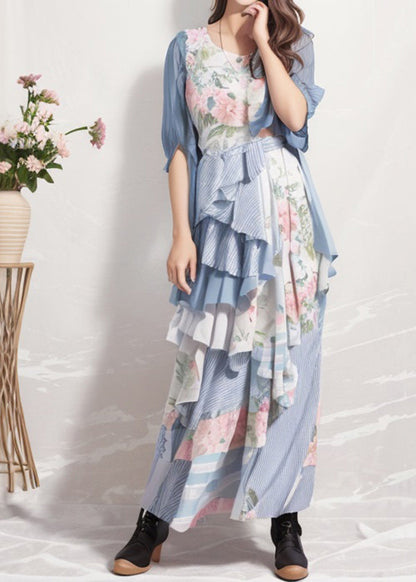 Blue Ruffled Print Patchwork Silk Dresses Summer