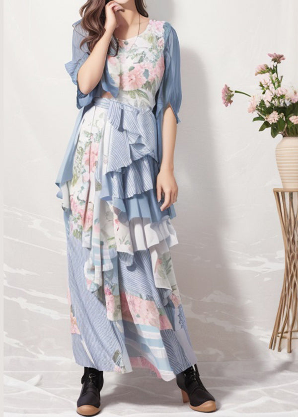 Blue Ruffled Print Patchwork Silk Dresses Summer