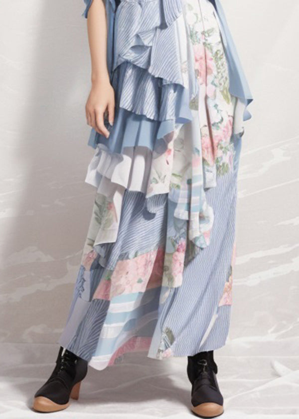 Blue Ruffled Print Patchwork Silk Dresses Summer