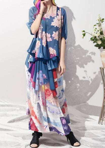 Blue Ruffled Print Patchwork Silk Long Dresses Summer