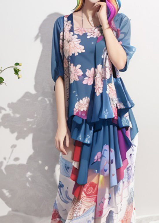 Blue Ruffled Print Patchwork Silk Long Dresses Summer