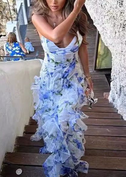 Blue Ruffled Print Tulle Spaghetti Strap Dress Sleeveless