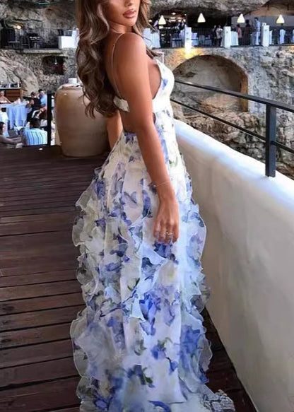 Blue Ruffled Print Tulle Spaghetti Strap Dress Sleeveless