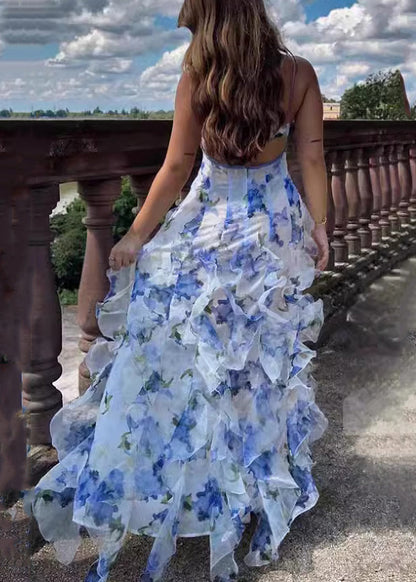 Blue Ruffled Print Tulle Spaghetti Strap Dress Sleeveless