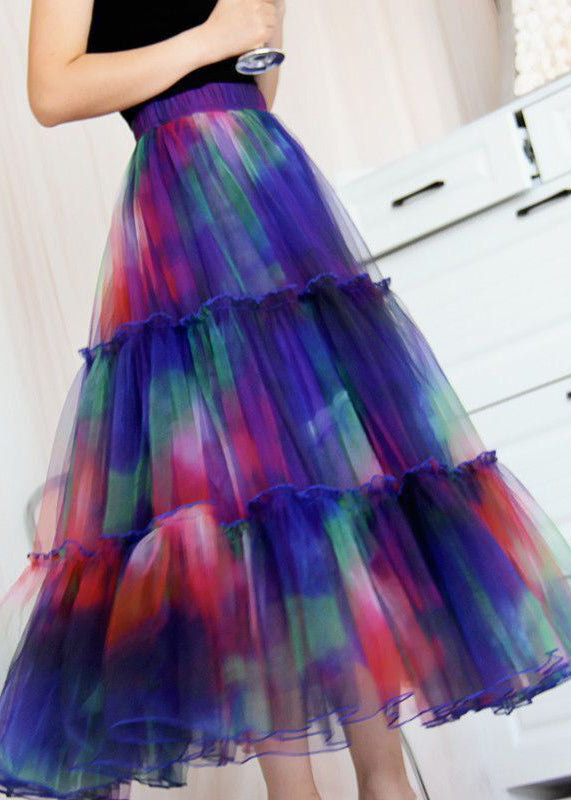 Blue Ruffled Tie Dye Tulle Skirt Spring