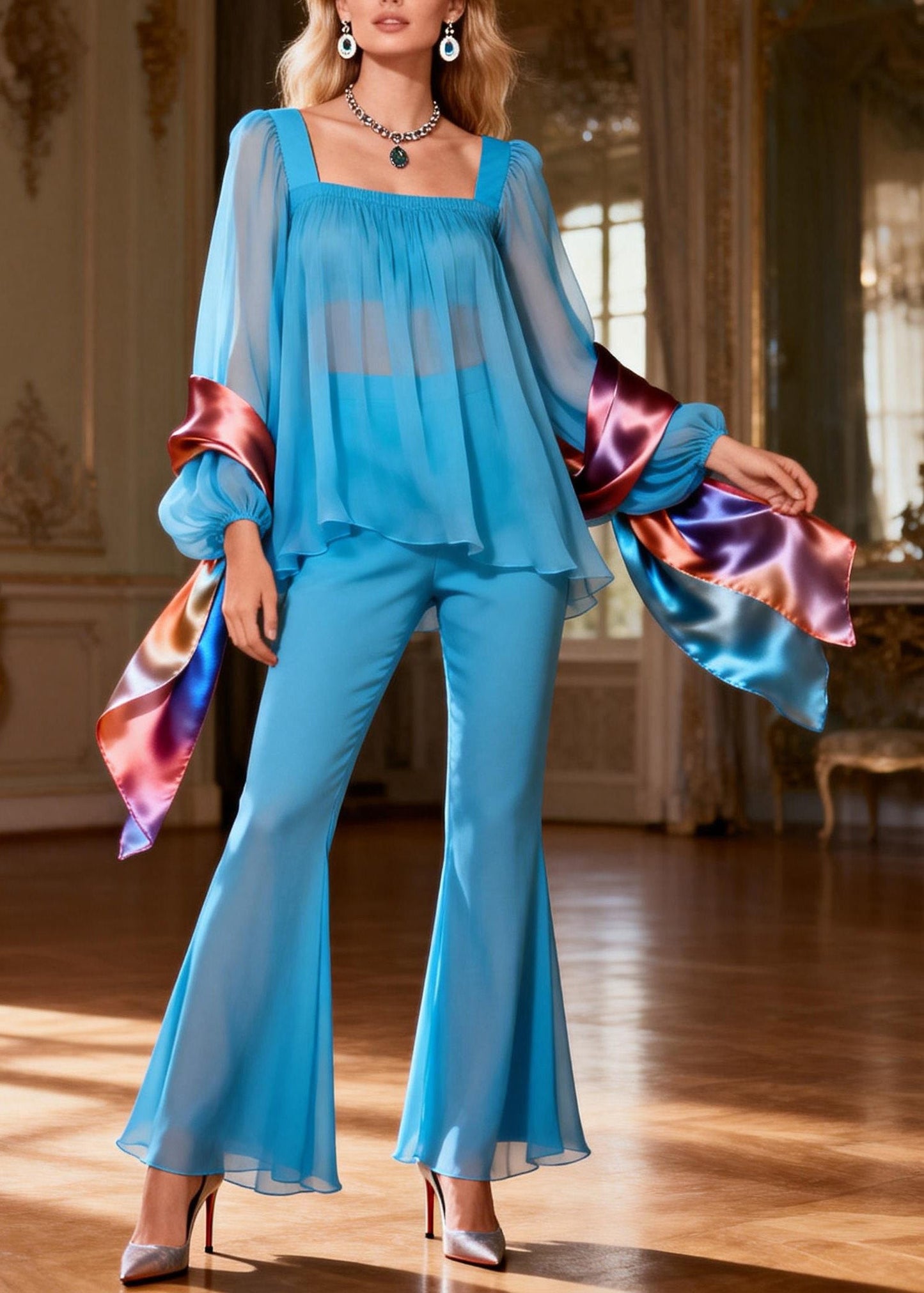 Blue Square Collar Patchwork Silk Two Pieces Set Summer