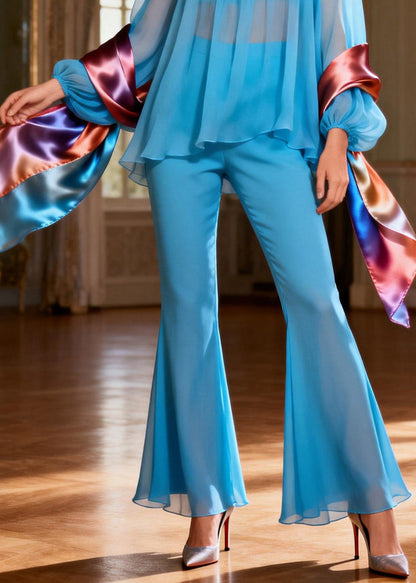 Blue Square Collar Patchwork Silk Two Pieces Set Summer