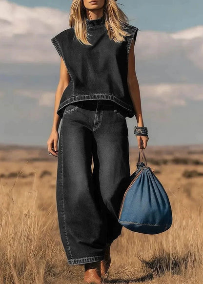 Blue Stand Collar Oversized Denim Two Pieces Set Sleeveless