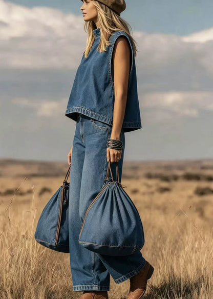 Blue Stand Collar Oversized Denim Two Pieces Set Sleeveless