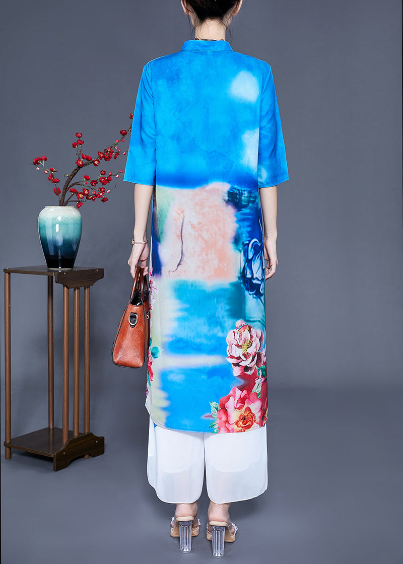 Blue Stand Collar Oversized Print Silk Two Pieces Set Summer