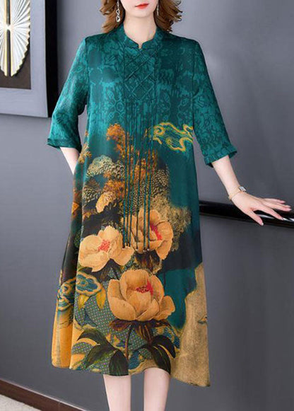 Blue Stand Collar Print Tassel Silk Long Dress Half Sleeve