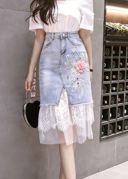 Blue Tulle Patchwork Button Denim Skirt
