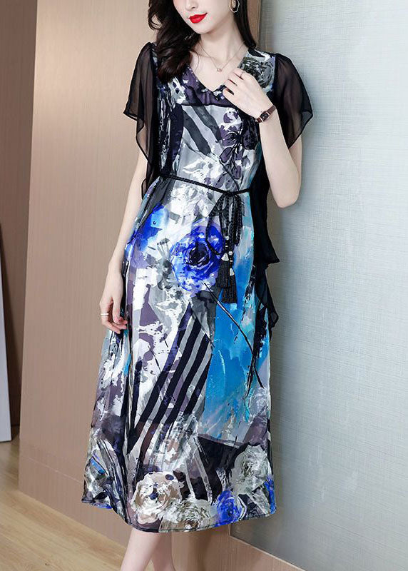 Blue V Neck Patchwork Print Silk Dress Summer