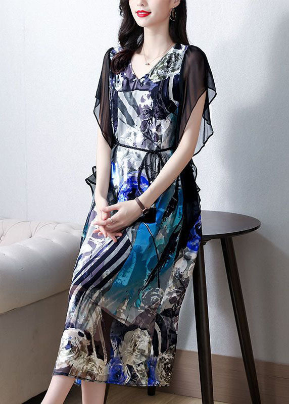 Blue V Neck Patchwork Print Silk Dress Summer