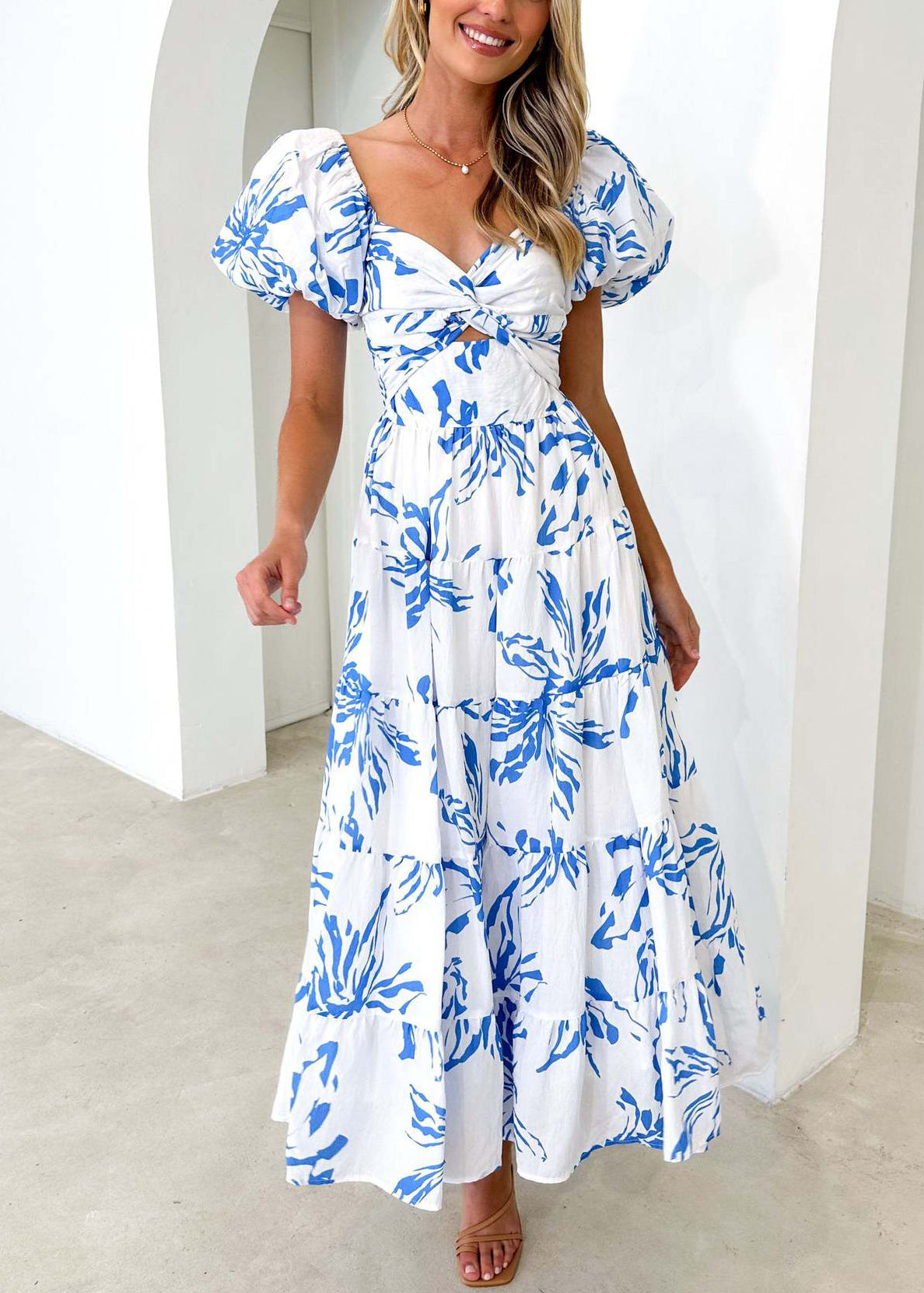 Blue V Neck Print Cotton Dress Puff Sleeve