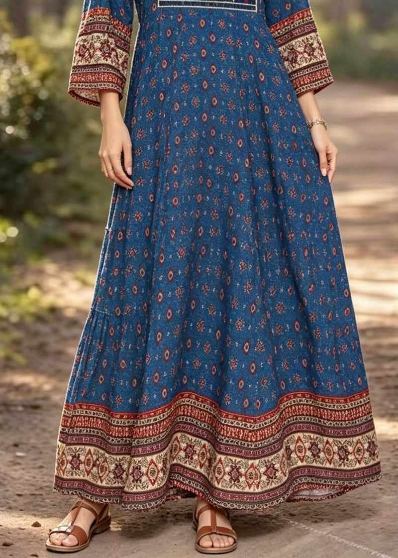 Blue V Neck Print Cotton Long Dress Summer