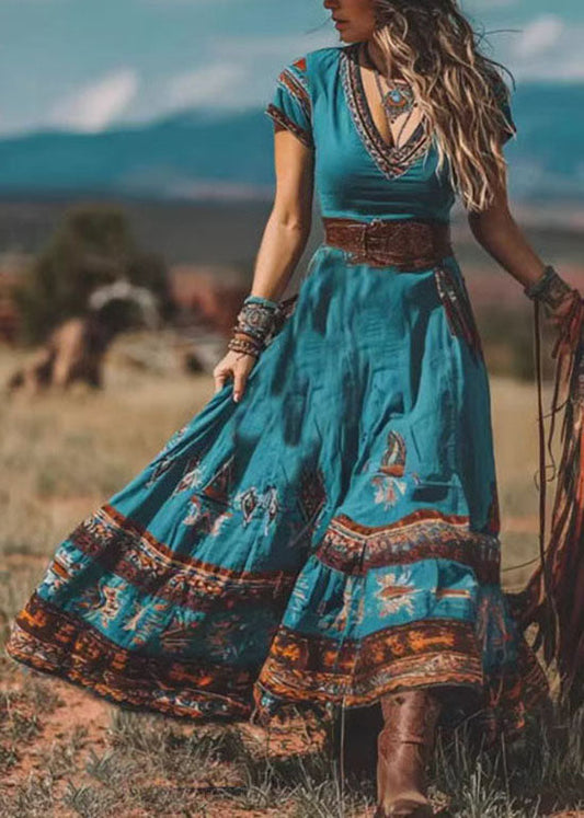 Blue V Neck Print Patchwork Cotton Dress Summer
