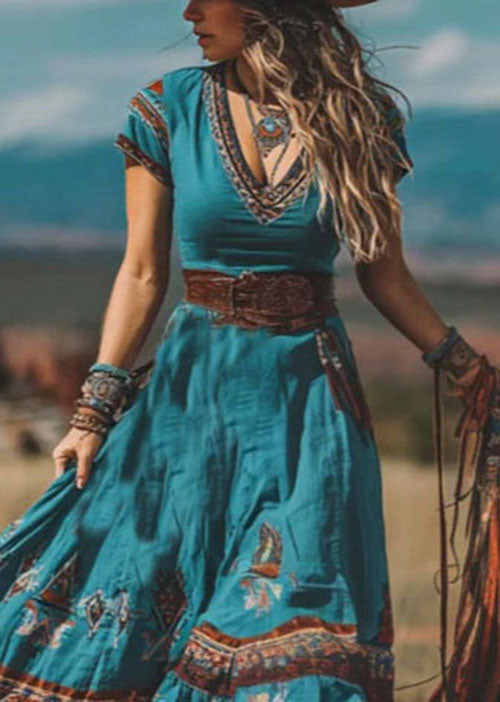 Blue V Neck Print Patchwork Cotton Dress Summer