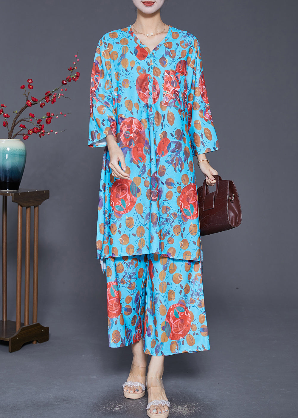 Blue V Neck Print Side Open Two Pieces Set Fall