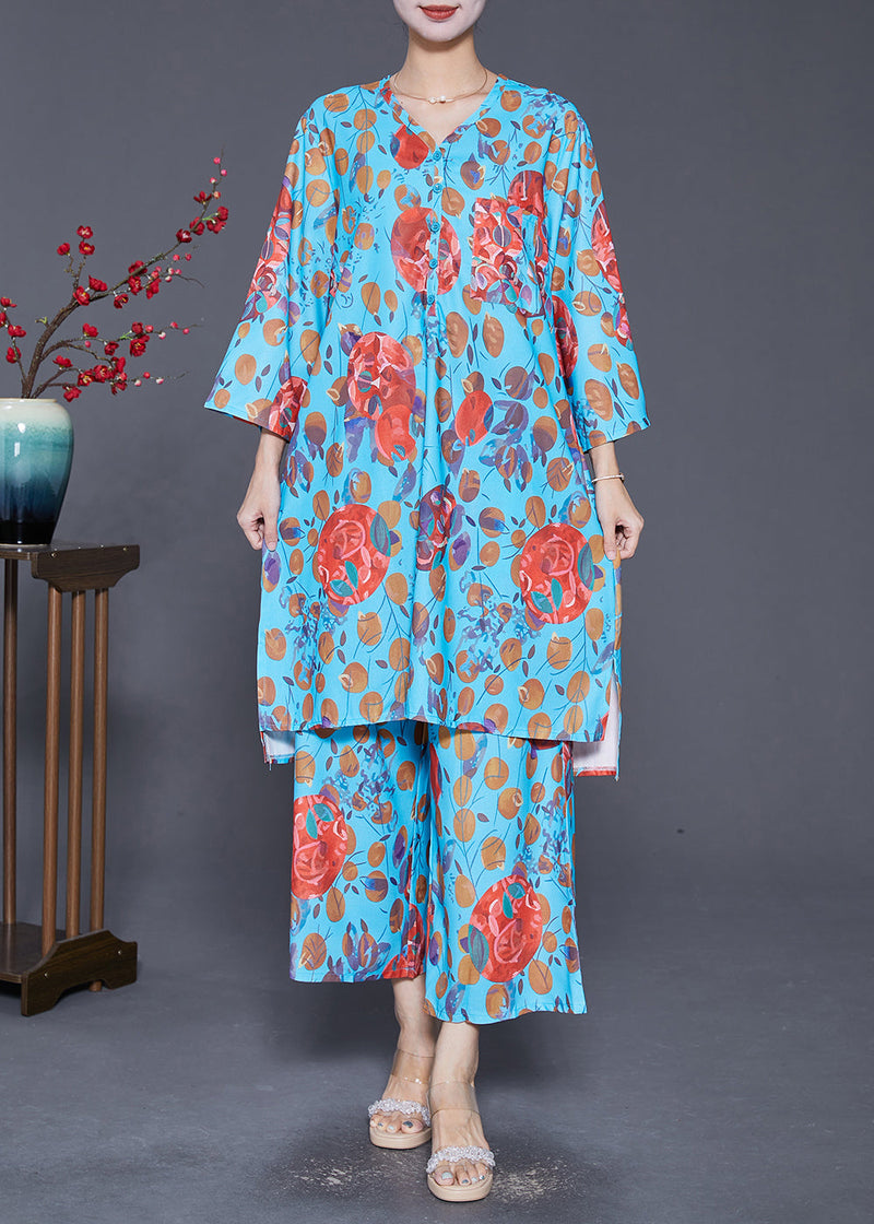 Blue V Neck Print Side Open Two Pieces Set Fall