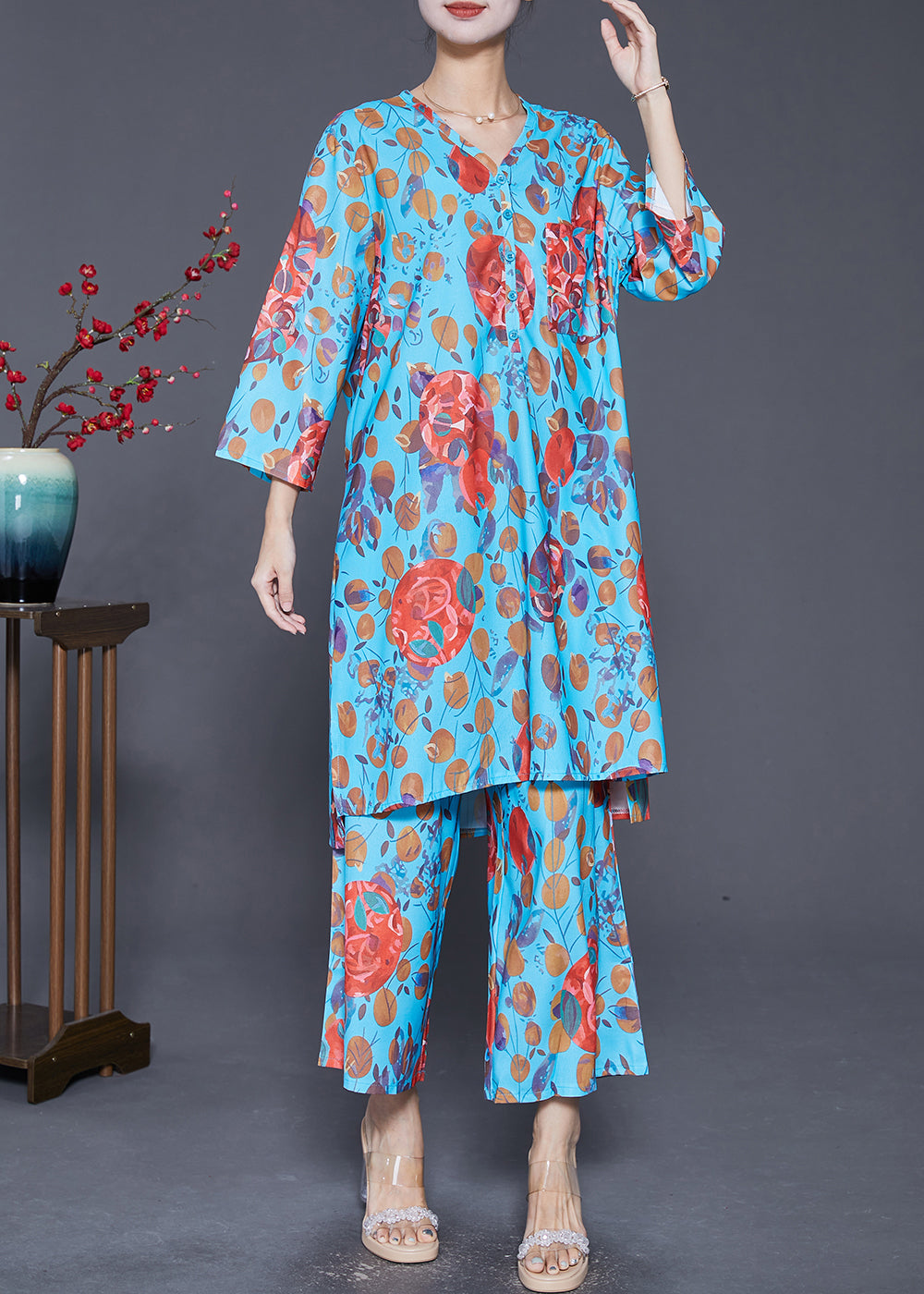 Blue V Neck Print Side Open Two Pieces Set Fall