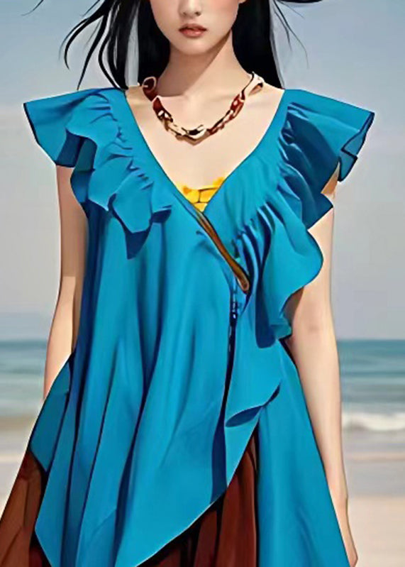 Blue V Neck Ruffled Patchwork Chiffon Dresses Sleeveless