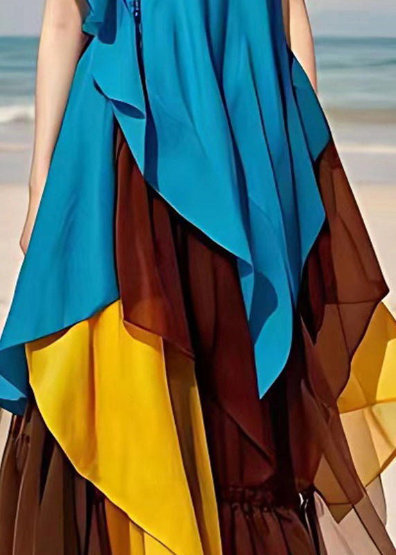 Blue V Neck Ruffled Patchwork Chiffon Dresses Sleeveless
